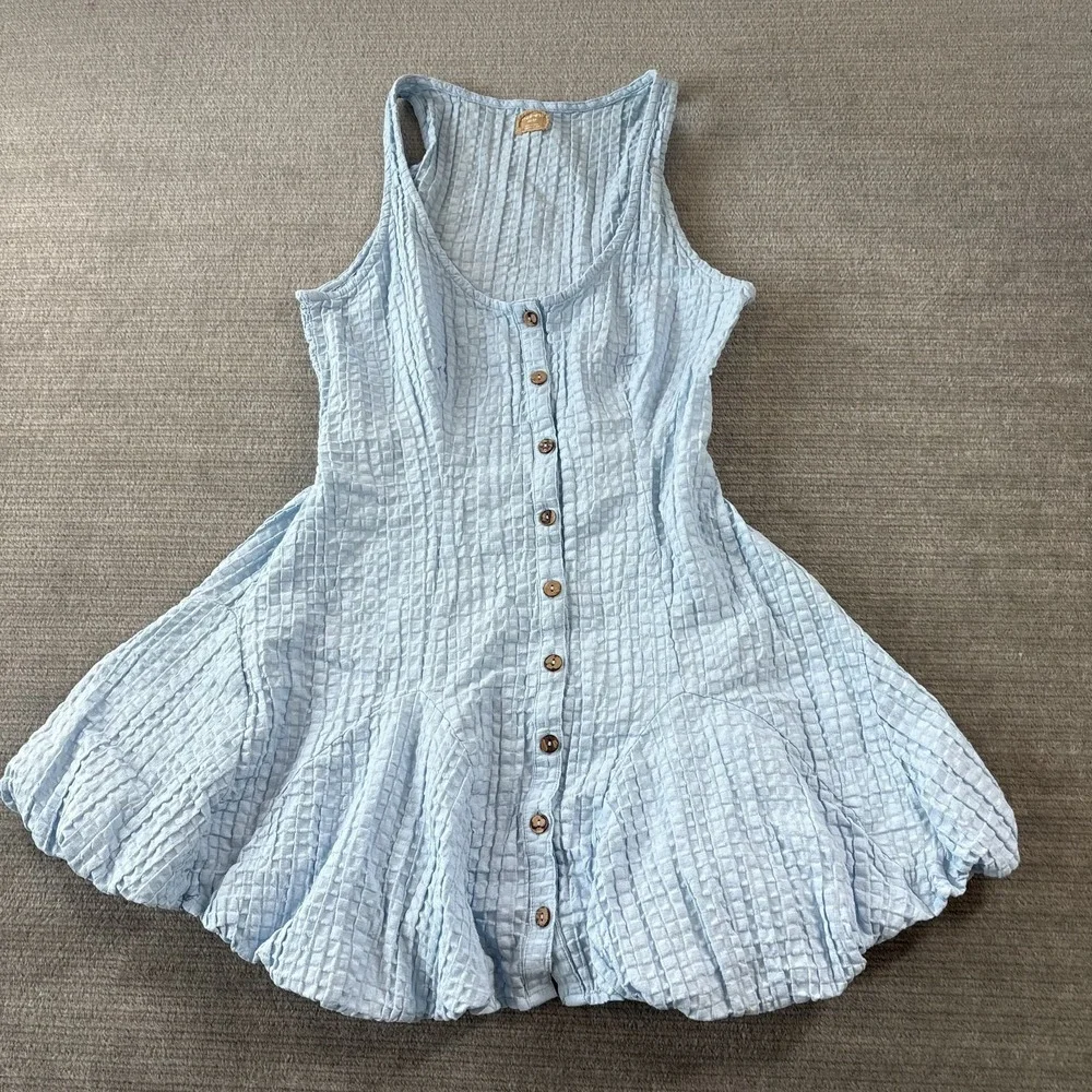 Free People Free-est Mini Dress Women XS Light Blue Emilia Pucker Checkered